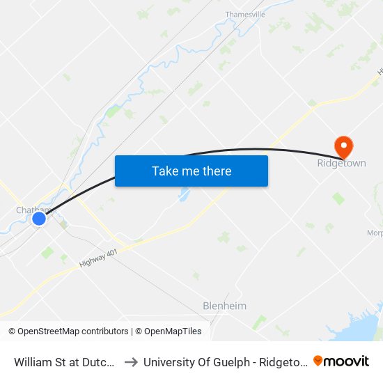 William St at Dutch Market to University Of Guelph - Ridgetown Campus map