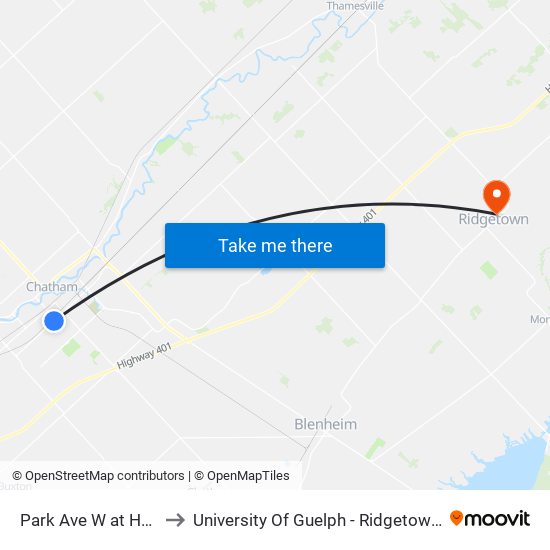 Park Ave W at Houston to University Of Guelph - Ridgetown Campus map