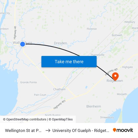 Wellington St at Post Office to University Of Guelph - Ridgetown Campus map