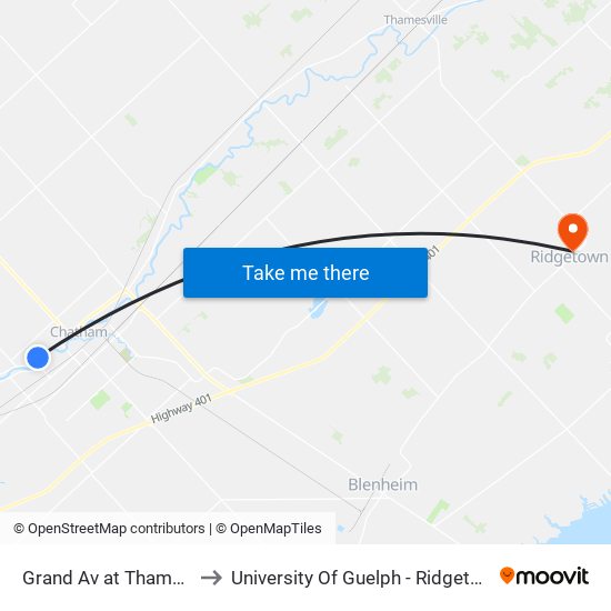 Grand Av at Thamestowers to University Of Guelph - Ridgetown Campus map