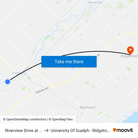 Riverview Drive at Irwin St to University Of Guelph - Ridgetown Campus map