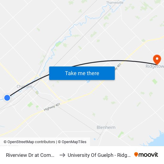 Riverview Dr at Community Living to University Of Guelph - Ridgetown Campus map