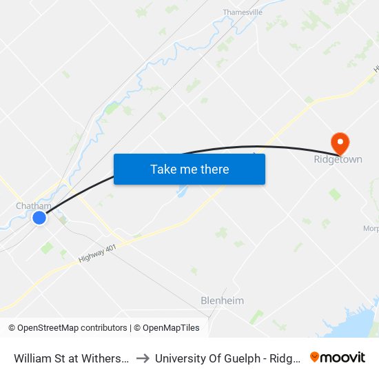 William St at Witherspoon Street to University Of Guelph - Ridgetown Campus map