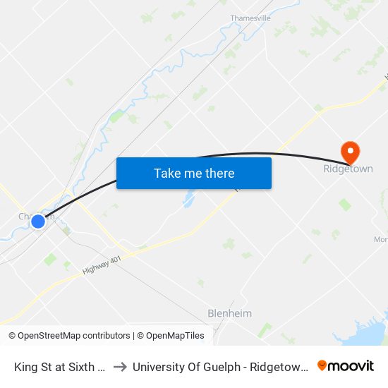 King St at Sixth Street to University Of Guelph - Ridgetown Campus map