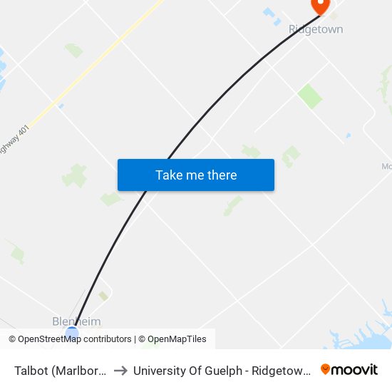 Talbot (Marlborough) to University Of Guelph - Ridgetown Campus map