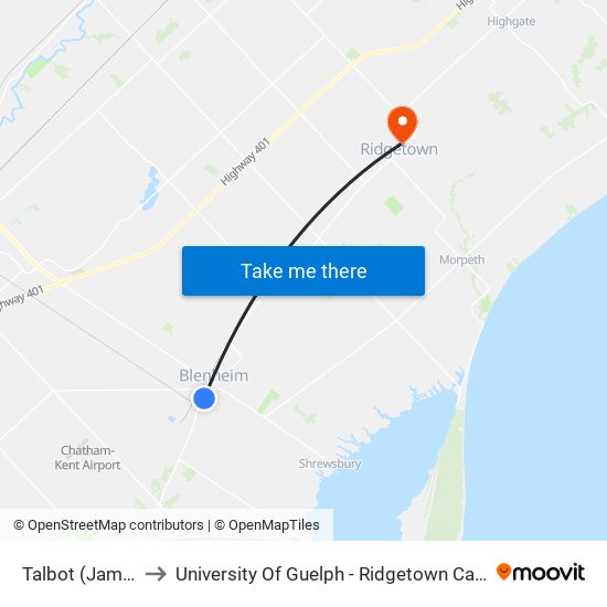 Talbot (James) to University Of Guelph - Ridgetown Campus map