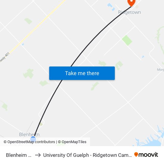 Blenheim Hs to University Of Guelph - Ridgetown Campus map