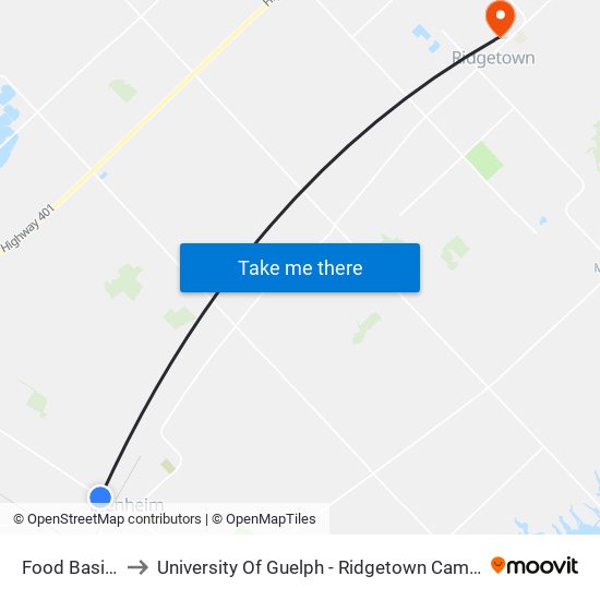 Food Basics to University Of Guelph - Ridgetown Campus map