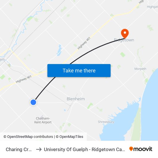 Charing Cross to University Of Guelph - Ridgetown Campus map