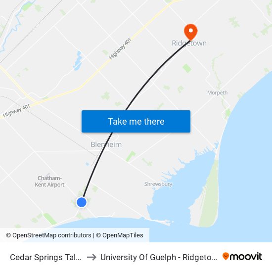 Cedar Springs Talbot Trail to University Of Guelph - Ridgetown Campus map