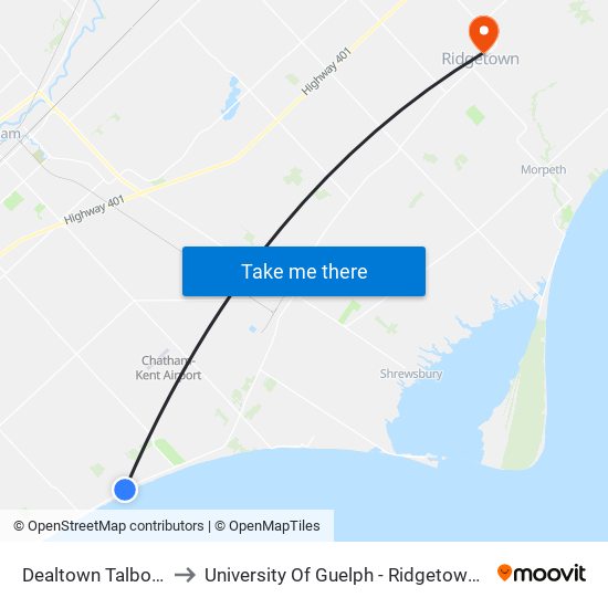 Dealtown Talbot Trail to University Of Guelph - Ridgetown Campus map