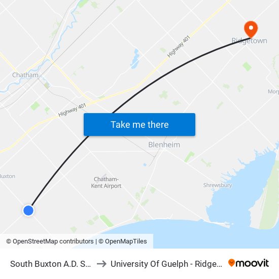 South Buxton A.D. Shadd Road to University Of Guelph - Ridgetown Campus map