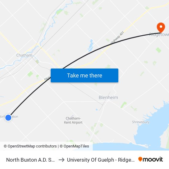 North Buxton A.D. Shadd Road to University Of Guelph - Ridgetown Campus map