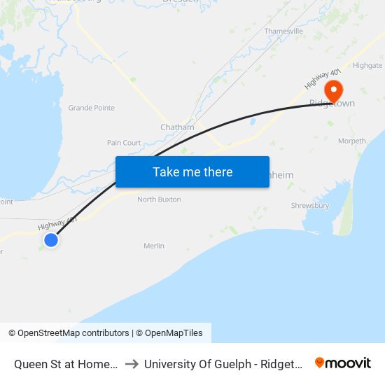 Queen St at Homestead Dr to University Of Guelph - Ridgetown Campus map