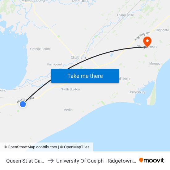 Queen St at Canal St to University Of Guelph - Ridgetown Campus map