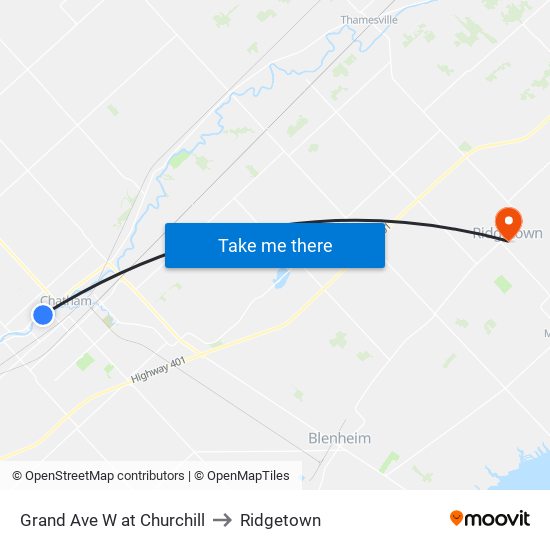 Grand Ave W at Churchill to Ridgetown map