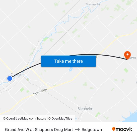 Grand Ave W at Shoppers Drug Mart to Ridgetown map