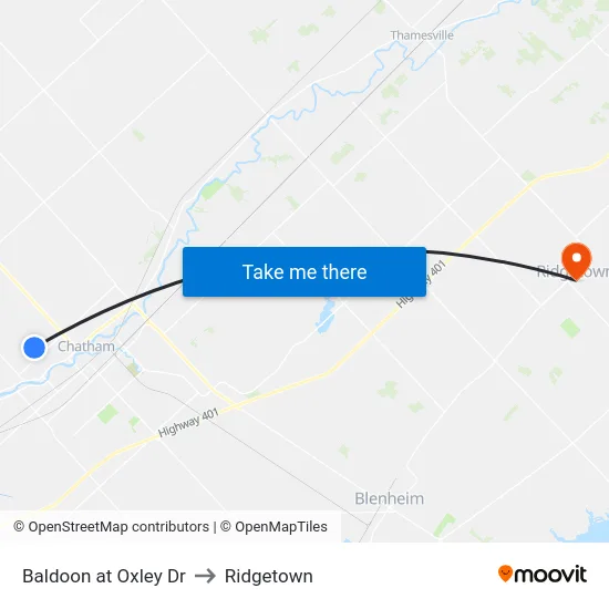 Baldoon at Oxley Dr to Ridgetown map