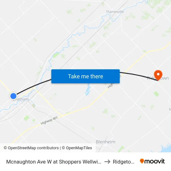 Mcnaughton Ave W at Shoppers Wellwise to Ridgetown map