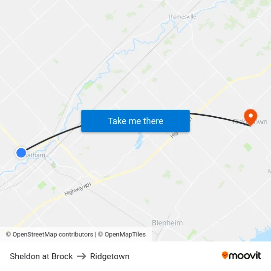 Sheldon at Brock to Ridgetown map