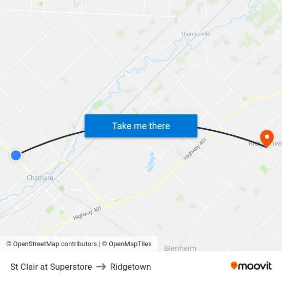 St Clair at Superstore to Ridgetown map