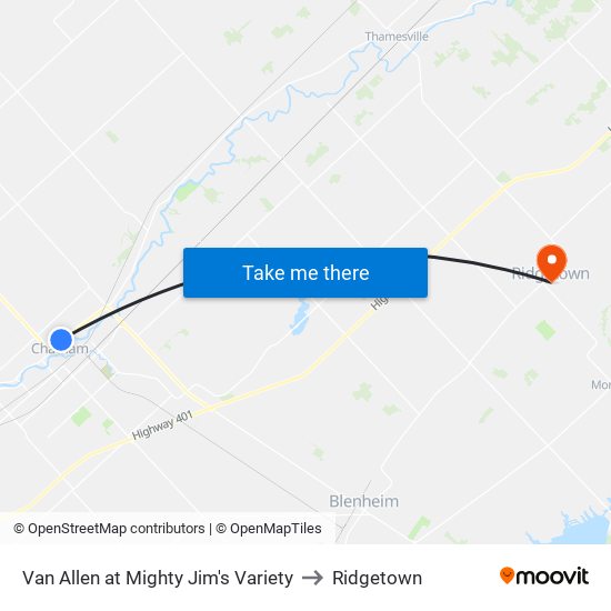 Van Allen at Mighty Jim's Variety to Ridgetown map