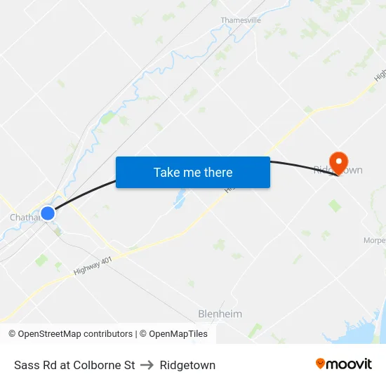 Sass Rd at Colborne St to Ridgetown map