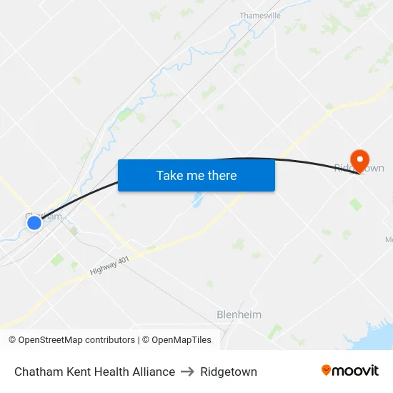 Chatham Kent Health Alliance to Ridgetown map