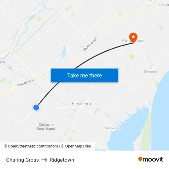Charing Cross to Ridgetown map