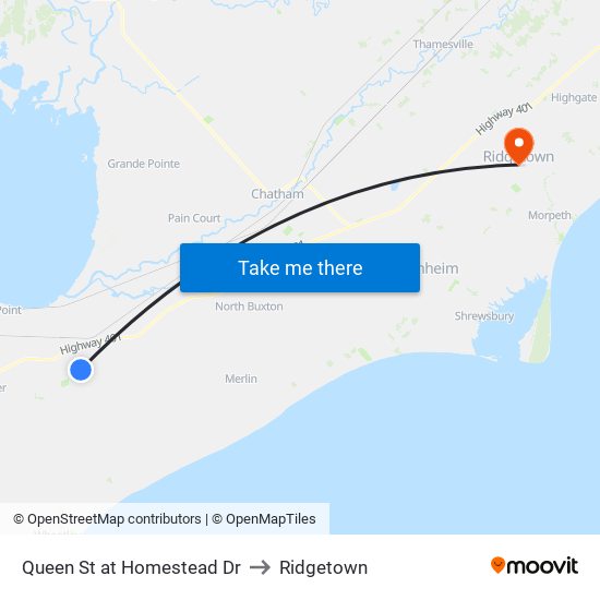 Queen St at Homestead Dr to Ridgetown map