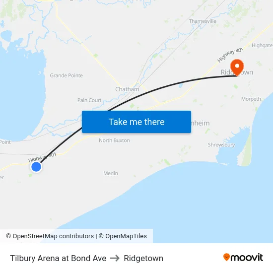 Tilbury Arena at Bond Ave to Ridgetown map