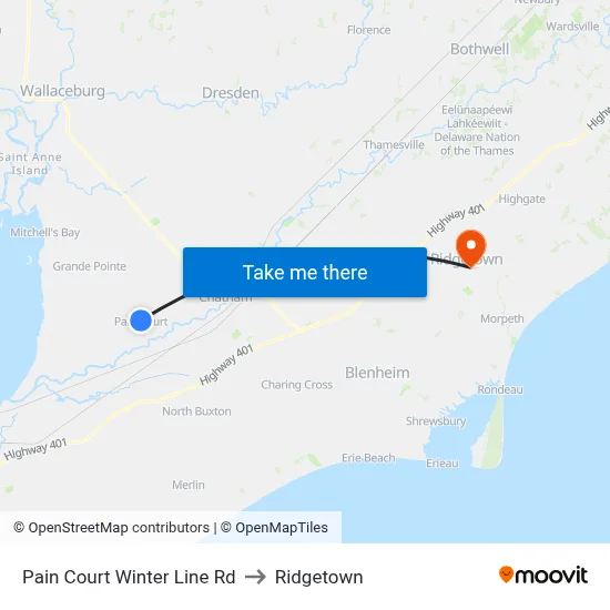 Pain Court Winter Line Rd to Ridgetown map
