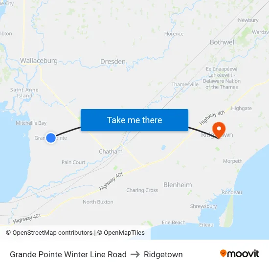 Grande Pointe Winter Line Road to Ridgetown map