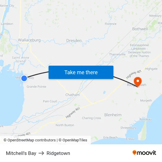 Mitchell's Bay to Ridgetown map