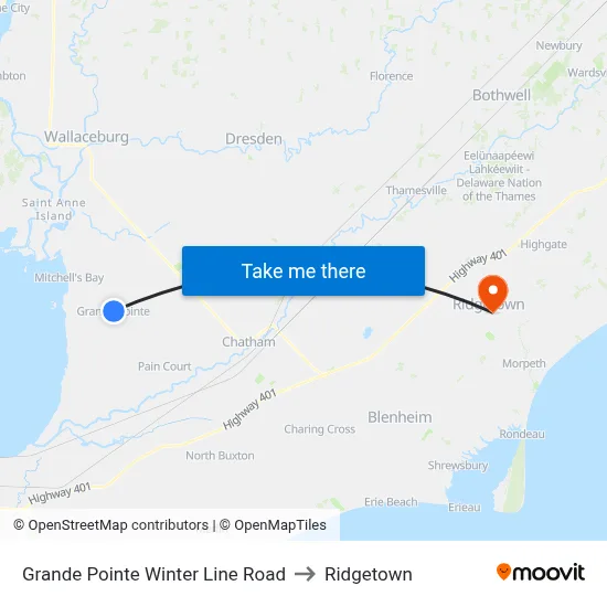 Grande Pointe Winter Line Road to Ridgetown map