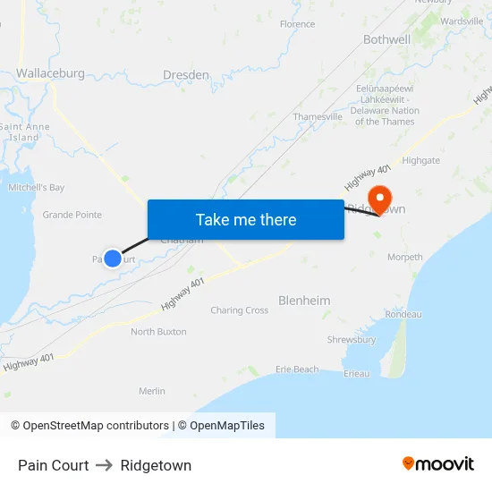 Pain Court to Ridgetown map