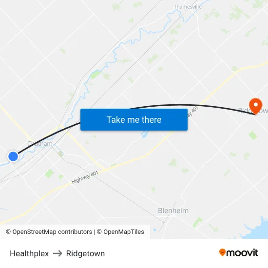 Healthplex to Ridgetown map