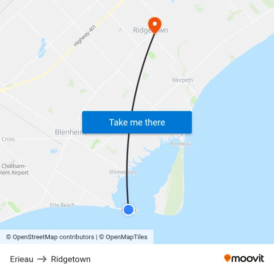 Erieau to Ridgetown map