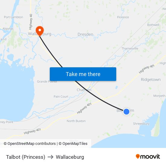 Talbot (Princess) to Wallaceburg map