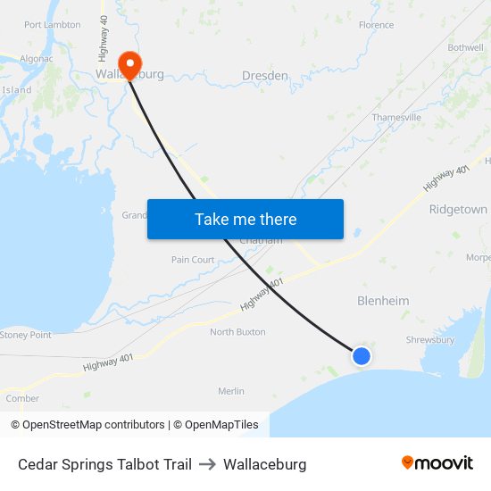 Cedar Springs Talbot Trail to Wallaceburg map