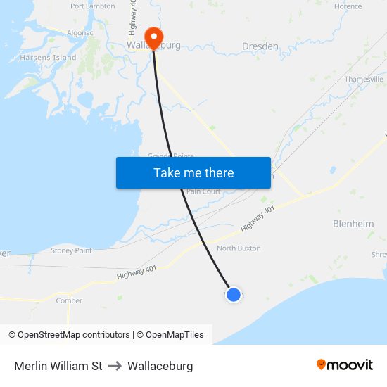 Merlin William St to Wallaceburg map