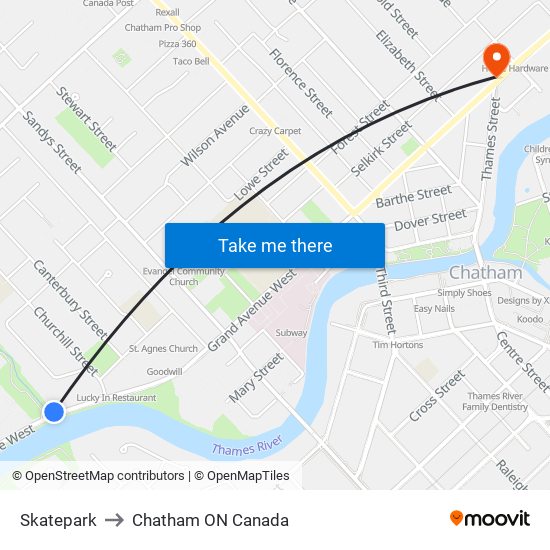 Skatepark to Chatham ON Canada map