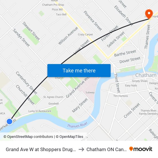 Grand Ave W at Shoppers Drug Mart to Chatham ON Canada map