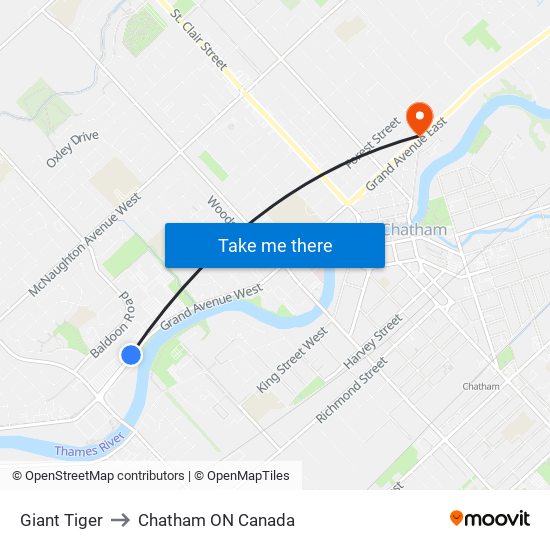 Giant Tiger to Chatham ON Canada map