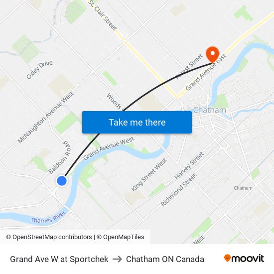 Grand Ave W at Sportchek to Chatham ON Canada map