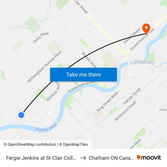 Fergie Jenkins at St Clair College to Chatham ON Canada map
