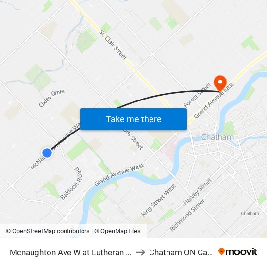 Mcnaughton Ave W at Lutheran Church to Chatham ON Canada map