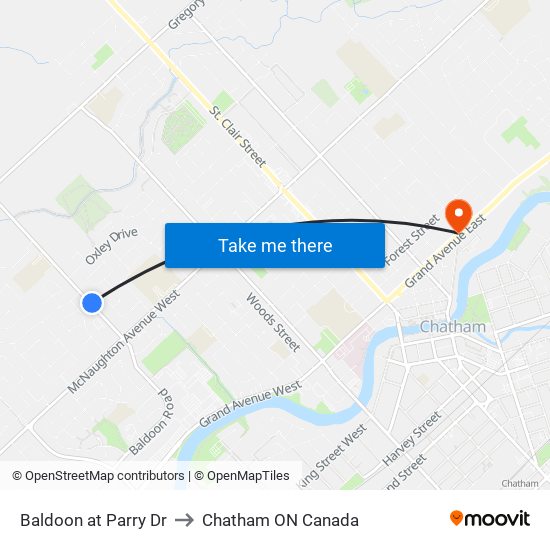 Baldoon at Parry Dr to Chatham ON Canada map