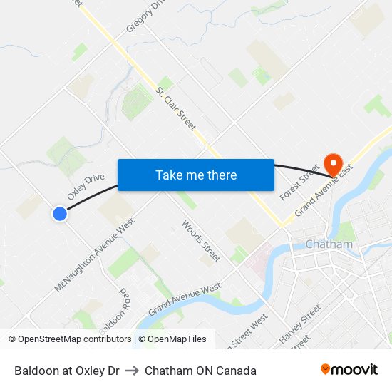 Baldoon at Oxley Dr to Chatham ON Canada map