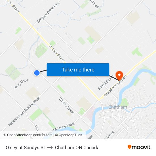 Oxley at Sandys St to Chatham ON Canada map